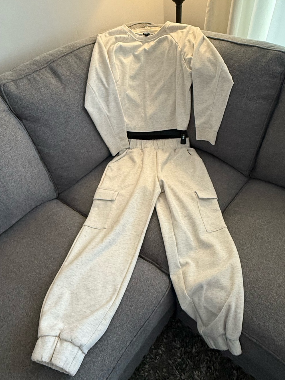 Express Cream cozy Lounge Set Crop Top Cargo Jogger Sweatpants Size Small